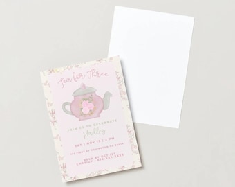 Editable Tea for Three Invitation | 3rd Birthday Canva Template | Tea Party Invite
