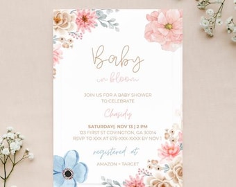 Baby in Bloom Invitation Template - Editable Canva Baby Shower Invite - Floral Baby Girl Shower Printable - Instant Download