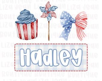 Custom Patriotic Name PNG | Fourth of July Kids Shirt Design | Personalized July 4th PNG | Red White Blue Bow Cupcake PNG | Sublimation