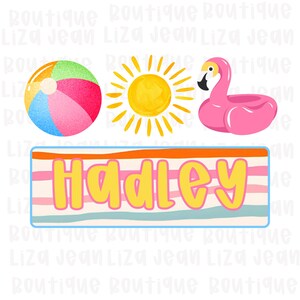 May include: A colorful illustration featuring a beach ball, a yellow sun, and a pink flamingo float. Below, a rectangular sign displays the name "Hadley" in yellow letters, set against a striped background with orange, pink, and blue stripes.