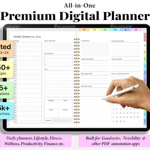 Op de afbeelding: Een digitale planner-app op het scherm van een tablet met een regenboogkleurige rand. De app is geopend op een pagina met een dagelijkse planner-indeling. De tekst "Sunday January 14, 2024" staat bovenaan de pagina. De app is ontworpen voor gebruik met Goodnotes, Notability en andere PDF-annotatie-apps. De tekst "Dated 2023+24", "550+ Pages", "55+ Templates" en "25k+ Hyperlinks" wordt weergegeven aan de linkerkant van het scherm.