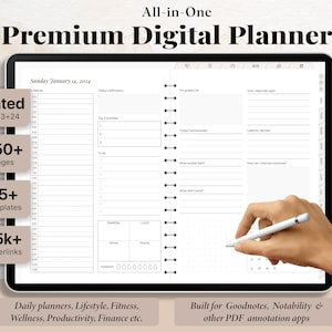 May include: A digital planner app interface on a tablet screen. The app is open to a daily planner page with a schedule, to-do list, and gratitude section. The text on the screen reads "Sunday January 14, 2024". The app is designed for use with note-taking apps like Goodnotes and Notability. The image also includes text highlighting the features of the planner, such as 550+ pages, 55+ templates, and 25k+ hyperlinks.