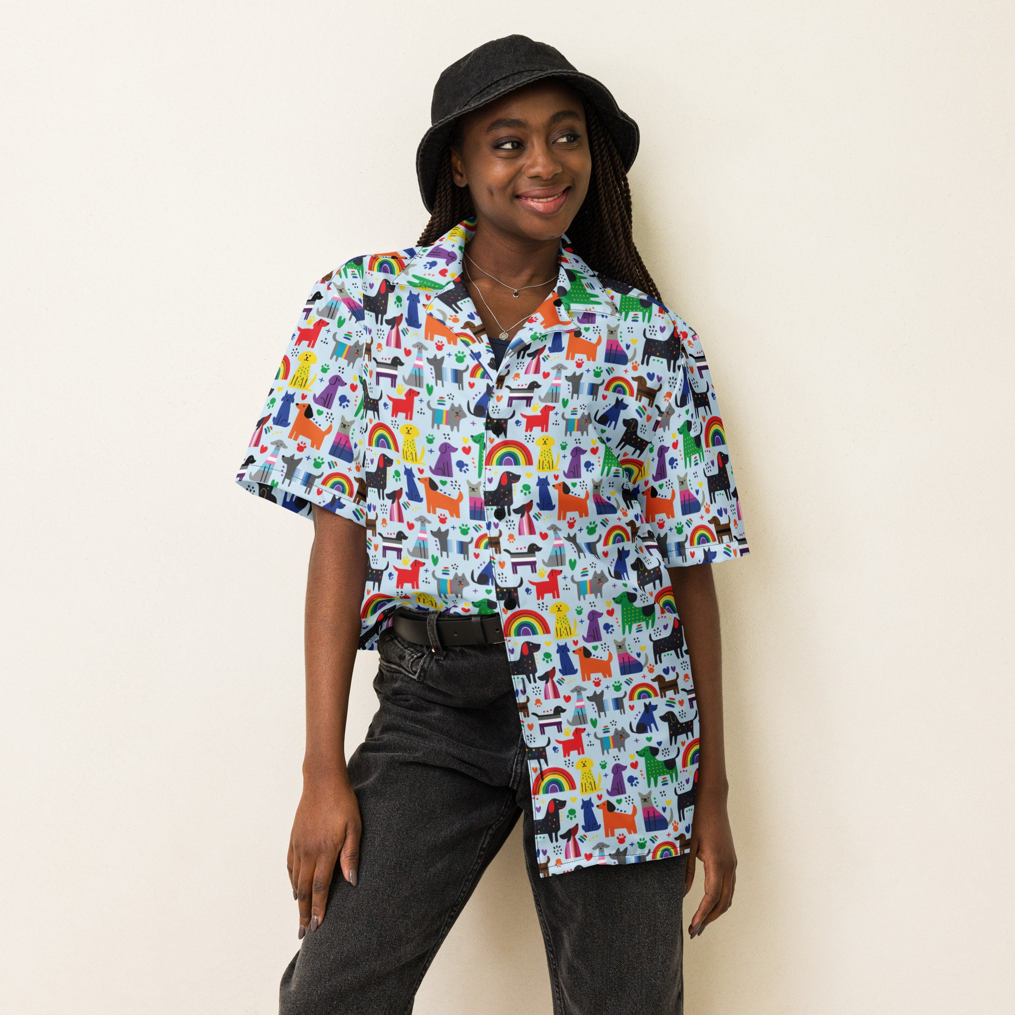 Pride Dog Cartoons | Unisex button shirt  | *Inclusive, Pansexual, Bisexual, Gay, Lesbian, Asexual, Trans Flags dogs
