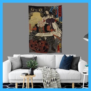 Edo Period 19th Century Japanese Art Printed on a Tapestry, Utagawa Kuniyoshi Painting Printed Tapestry, Vintage looking Wall Decoration