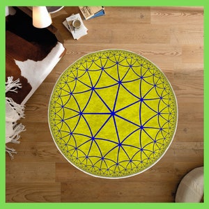 May include: A round yellow rug with a blue geometric pattern. The pattern is made up of triangles and circles.