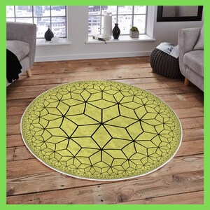 May include: A round, yellow rug with a black geometric pattern. The pattern is made up of repeating stars and hexagons.