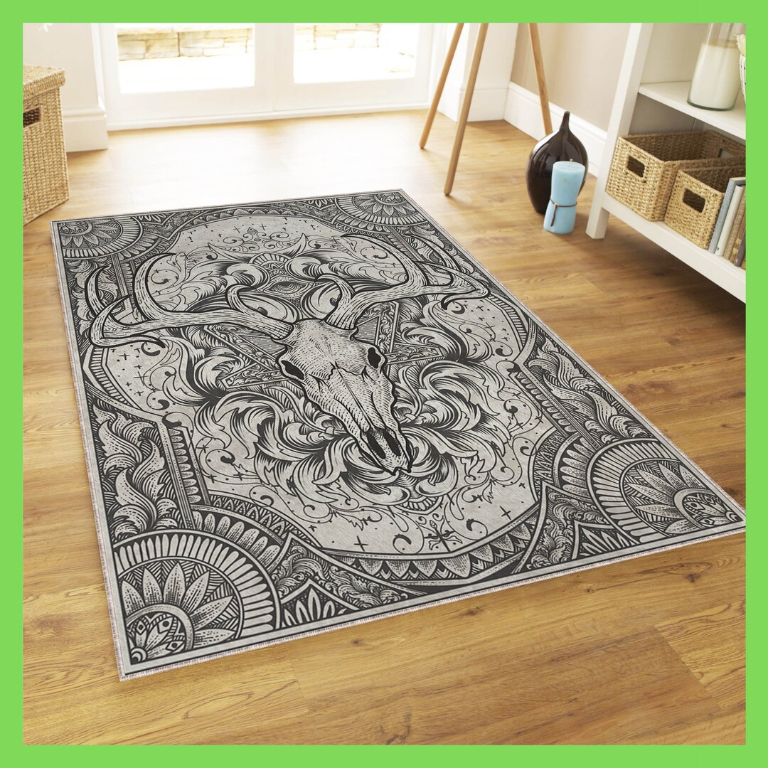 Deer Skull Ornament Rug, Cool Decoration, Gothic Accent Rug, New Year ...