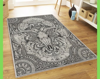 Deer Skull Ornament Rug, Cool Decoration, Gothic Accent Rug, New Year Gift