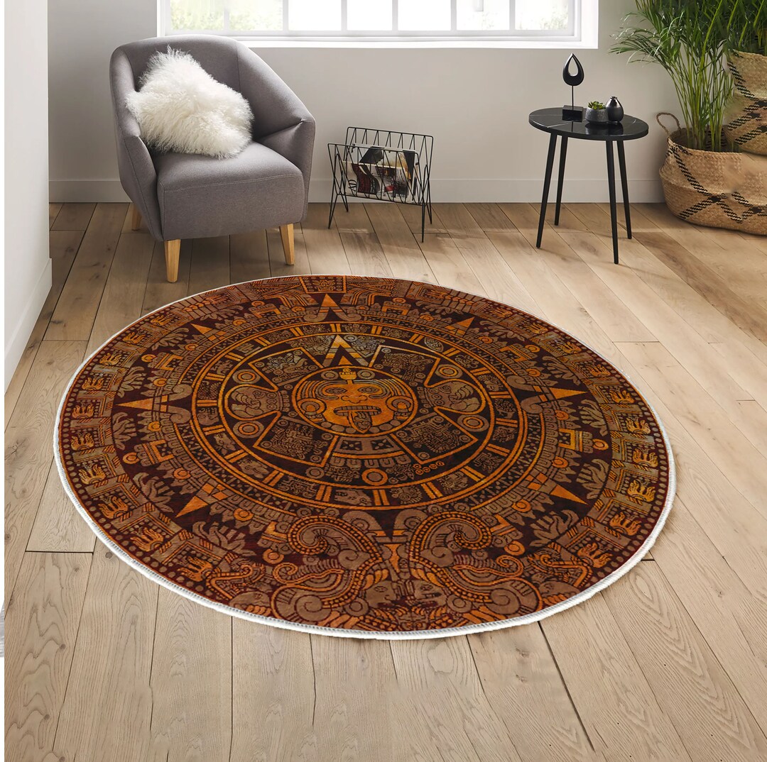 Rust Black Aztec Rug Aztec Style Round Rug, Aztec Pattern Area Rug - Etsy