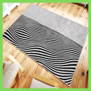 Wavy Black Stripes Accent Rug, Abstract Decoration, Black-white Rugs
