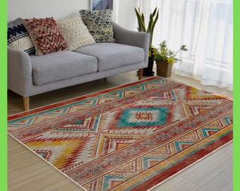 Area Rug with Ethnic Patterns, Living-room Decoration, Customizable Printed Rug, Colorful Rug