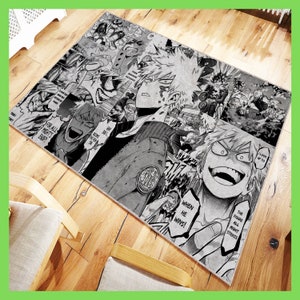 May include: Black and white manga style rug featuring a character with spiky hair and the text "FOR ALL MIGHT'S END", "WHEN HE WINS!" and "THE FIGURE ALL MIGHT STRIKES".