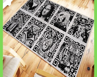Tapis d'art moderne à code QR, tapis à code QR, décoration de dessin abstrait, cadeau de pendaison de crémaillère moderne
