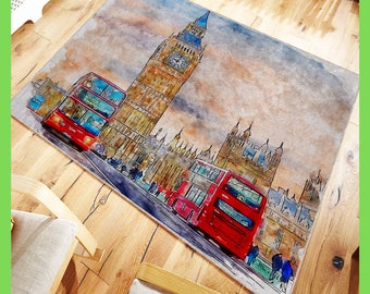 Watercolor Style Rug, Big Ben London Rug, Living-room Area Rug