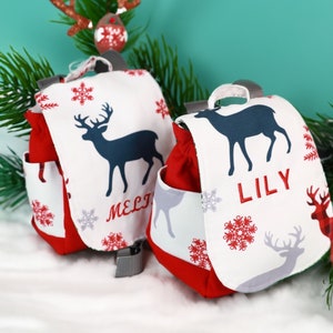 Wasserdichter personalisierter Baby-Weihnachts-Hirsch-glänzender roter Rucksack, Monogramm-Magnet-Abdeckungs-Kleinkind-Rucksäcke, 0-3 Jahre alte Tasche, Weihnachtsgeschenk