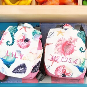 Sac à dos imperméable personnalisé pour enfants avec animaux marins, sac rose pour tout-petits, housse aimantée à monogramme, chambre de bébé 4-7 ans, cadeau pour la maternelle