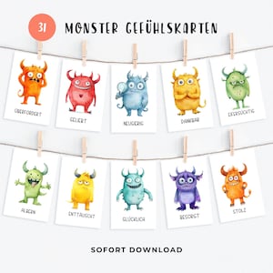 Tarjetas de sentimientos de monstruos niños, niños de sentimientos, tarjetas de aprendizaje Montessori, tarjetas de emociones, comprensión y desarrollo de emociones, descarga digital