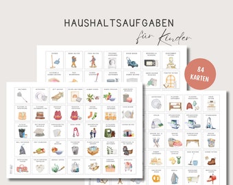 May include: A set of 84 illustrated cards with German text, depicting various household chores for children. The cards feature watercolor illustrations of tasks like making beds, vacuuming, washing dishes, and more.