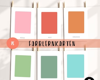 May include: A collection of six color learning cards, each displaying a different solid color block on a white background. The colors include pink, red, orange, green, teal, and dark green. The cards are labeled with the color names in German. The text "FARBLERNKARTEN" is displayed.