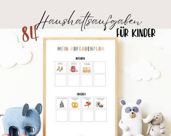 May include: A printable chart titled "Mein Aufgabenplan" with two sections: "Aufgaben" and "Erledigt". Each section has six squares with illustrations of household chores. The chart is framed in a light wood frame and is hanging on a white wall.