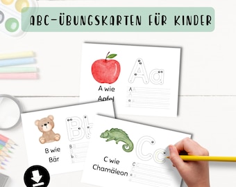 ABC schreiben lernen Buchstaben nachspuren ABC-Flashcards Montessori PDF Vorlage zum ausdrucken Vorschule Arbeitsblatt digitaler Download