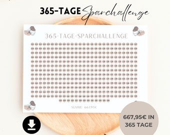 May include: A printable 365-day savings challenge tracker with a butterfly design. The tracker includes a grid of circles with numbers from 0.01 to 3.65. The text "365-TAGE Sparchallenge" is at the top of the page. The text "SUMME: 667,95€" is at the bottom of the page. The text "667,95€ IN 365 TAGE" is at the bottom right corner of the page.