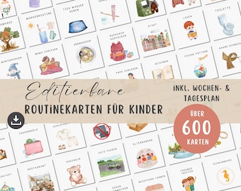 Op de afbeelding: Een set kleurrijke geïllustreerde kaarten voor kinderen met verschillende dagelijkse routines en activiteiten. De kaarten zijn gelabeld met Duitse woorden zoals "Morgenroutine" (ochtendroutine), "Zähneputzen" (tandenpoetsen) en "Abendessen" (diner). De tekst "Editierbare Routinekarten für Kinder" (Bewerkbare routinekaarten voor kinderen) staat bovenaan de afbeelding. De tekst "INKL. WOCHEN- & TAGESPLAN" (inclusief week- en dagplanning) staat rechtsboven in de afbeelding. De tekst "ÜBER 600 KARTEN" (meer dan 600 kaarten) staat rechtsonder in de afbeelding.