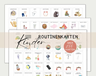 Puede incluir: Un conjunto de tarjetas ilustradas coloridas con palabras alemanas para las rutinas diarias. Las tarjetas muestran imágenes de actividades como vestirse, comer, jugar y más. El título "ROUTINENKARTEN" está en la parte superior de las tarjetas. El texto "Über 200 Karten" está en un círculo rojo.