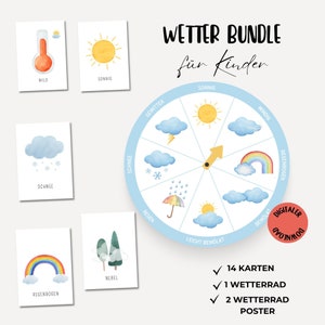 Wetteruhr basteln Kinder Wetterkarten Montessori Wetterrad Wetter Bundle für Kinderzimmer zum Ausdrucken Wetterposter  PDF Download