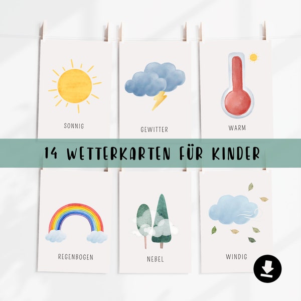 Wetter-Karten Kinder, Montessori Lernkarten, Wetter lernen Kindergarten, PDF Download