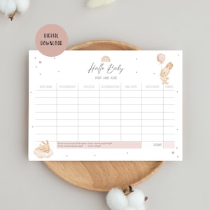 May include: A printable baby milestone chart with a cute bunny illustration. The chart includes columns for baby's name, care products, toys, clothing, food, first word, and points. The chart is decorated with stars and hearts.