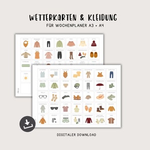 Routinekarten, Kleidung und Wetter, Wochenplan Kinder A3 + A4, Tagesplan Kinder Montessori zum Ausdrucken, PDF, Digitaler Download