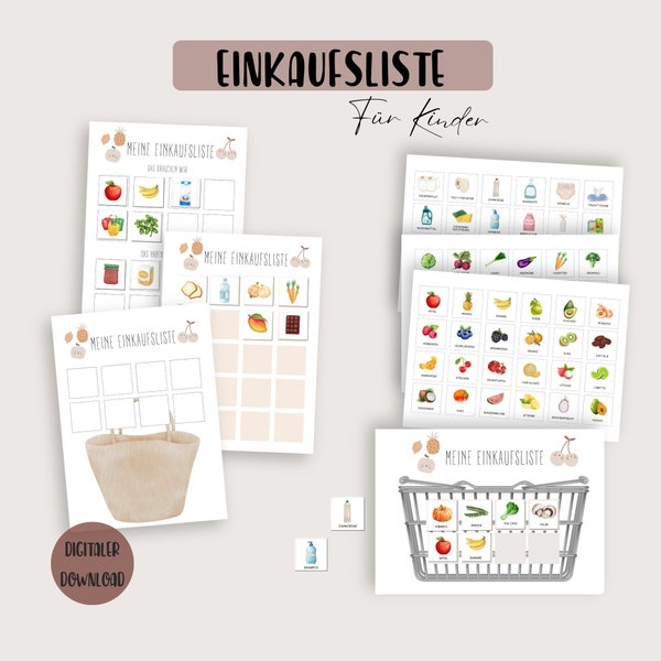 Einkaufsliste Kinder, Einkaufszettel Montessori, Einkaufen lernen, Einkaufsplaner Kinder Einkaufshilfe PDF zum Ausdrucken digitaler Download