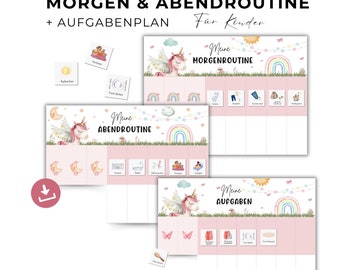 May include: A printable chart with a unicorn theme for children to use as a visual aid for morning and evening routines. The chart includes sections for "My Morning Routine", "My Evening Routine", and "My Chores".