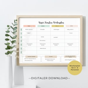 May include: A printable weekly family planner with a beige background and colorful headings. The planner is divided into sections for each day of the week and includes columns for "Papa", "Mama", "Felix", and "Mia". Each column has space for activities, appointments, and to-do lists. The planner also includes sections for "Important Dates", "To Do's", and "Tasks for Next Week". The text "Unser Familien-Wochenplan" is at the top of the planner.
