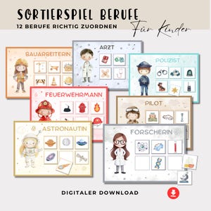 Sorteerspel beroepen, prentenkaarten voor de kleuterklas, sorteerspel voor peuters, leerspel PDF om af te drukken, spel voor de kinderopvang, PDF downloaden