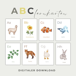Tarjetas del abecedario con animales y plantas, aprender letras, despertar el interés por las letras, descargar PDF imprimir, Montessori