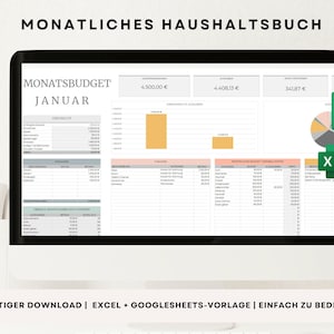 Monthly budget template Excel, Excel Google Sheets table, expense income tracker, Excel budget German, Excel financial plan