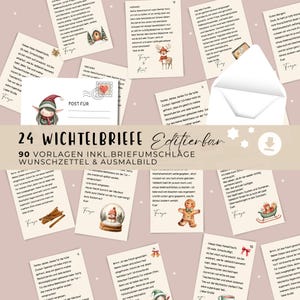 Cartas de Secret Santa con 24 historias de Secret Santa editables para imprimir, accesorios de Secret Santa post set Calendario de Adviento, descarga digital