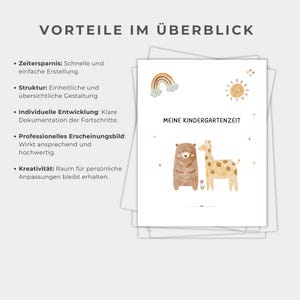 May include: A printable chart with a list of benefits for using a kindergarten journal. The chart has a light brown background with a rainbow, sun, bear, and giraffe illustration. The text on the chart reads "Vorteile im &Uuml;berblick" and "Meine Kindergartenzeit".