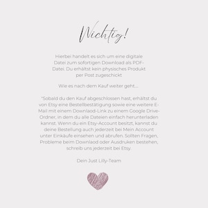 May include: A pink heart graphic with the text "Wichtig!" in black. The text below explains that the purchase is for a digital download and that the buyer will receive a PDF file. The text also explains how to access the download after purchase.