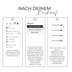 K&ouml;nnte beinhalten: Eine Anleitung in deutscher Sprache, die Schritt f&uuml;r Schritt zeigt, wie man Dateien nach dem Kauf herunterl&auml;dt. Das Bild zeigt Screenshots einer digitalen Plattform mit Anweisungen zur Navigation zum Download-Bereich und zur Auswahl von Dateien.