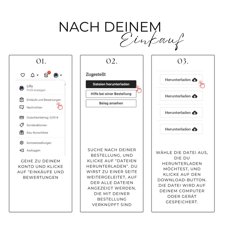 K&ouml;nnte beinhalten: Eine Anleitung in deutscher Sprache, die Schritt f&uuml;r Schritt zeigt, wie man Dateien nach dem Kauf herunterl&auml;dt. Das Bild zeigt Screenshots einer digitalen Plattform mit Anweisungen zur Navigation zum Download-Bereich und zur Auswahl von Dateien.
