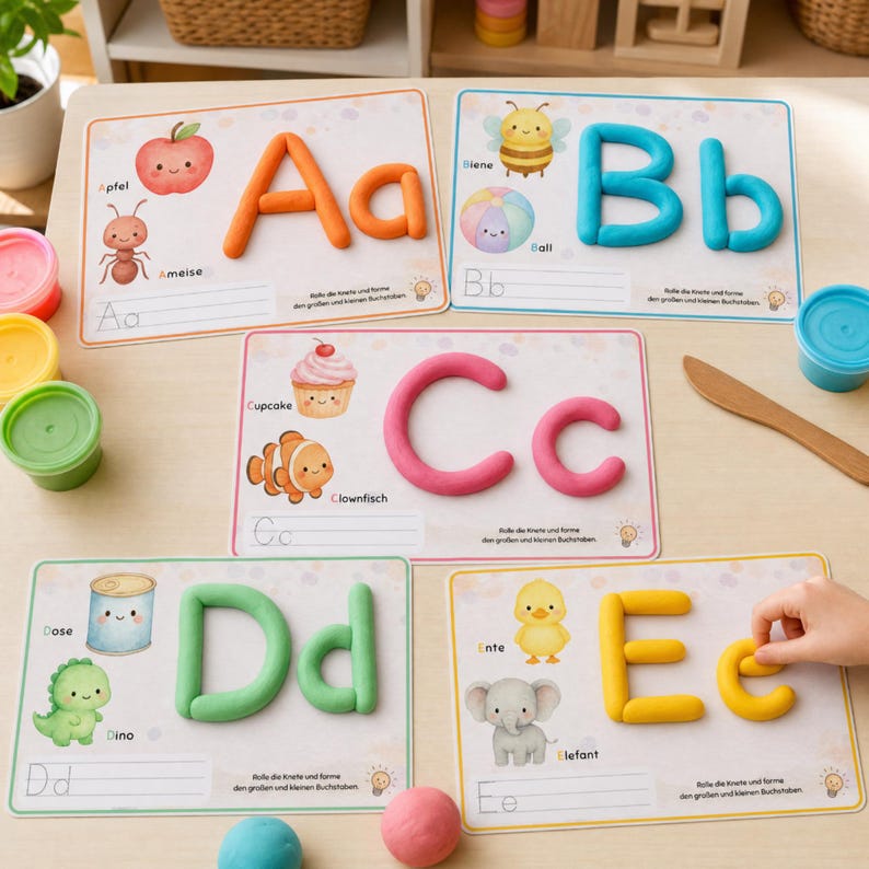 May include: Five educational activity mats featuring letters A through E formed with colorful modeling clay. Each mat displays illustrations of objects and animals corresponding to the letter, along with blank lines for writing practice.