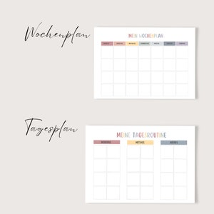 Op de afbeelding: Twee printbare planner sjablonen met kleurrijke koppen. De eerste sjabloon is een weekplanner met de dagen van de week bovenaan vermeld. De tweede sjabloon is een dagplanner met de secties "Ochtend", "Middag" en "Avond".