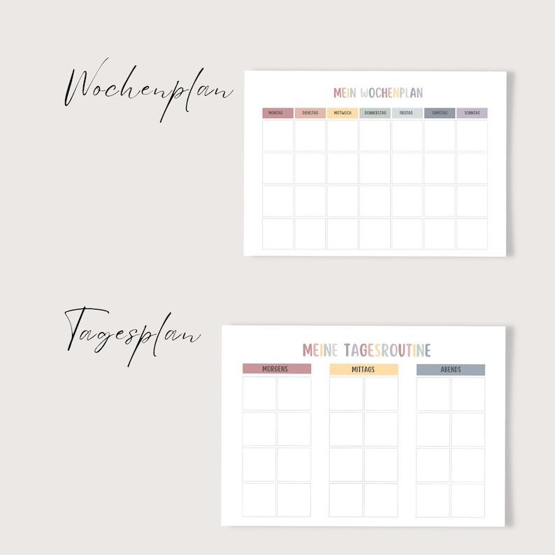 Op de afbeelding: Twee printbare planner sjablonen met kleurrijke koppen. De eerste sjabloon is een weekplanner met de dagen van de week bovenaan vermeld. De tweede sjabloon is een dagplanner met de secties "Ochtend", "Middag" en "Avond".
