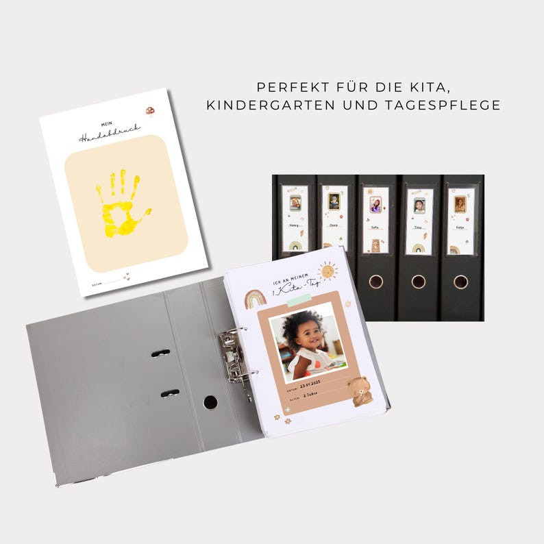 May include: A gray binder with a white page open to a page with a photo of a child and the text "Ich bin mein Kita-Tag". The binder has a yellow handprint on the cover and a label that says "Mein Handabdruck".