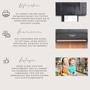 Op de afbeelding: Een stapsgewijze handleiding over hoe je een set plannen kunt printen, lamineren en in elkaar kunt zetten. De handleiding bevat illustraties van een printer, een laminator en handen die een plan vasthouden. De tekst luidt "Printen", "Lamineren" en "Uitleggen".