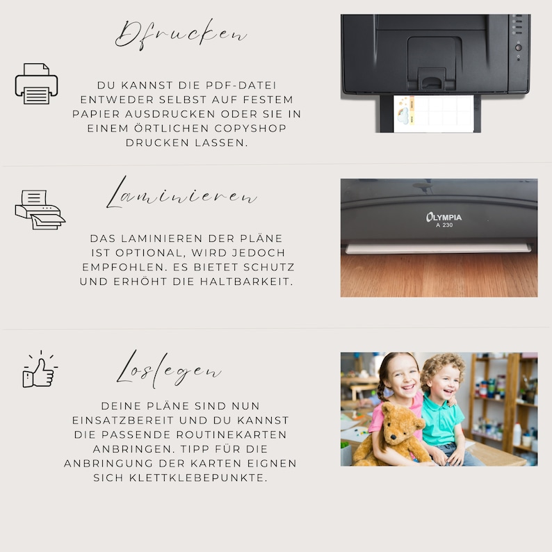 Op de afbeelding: Een stapsgewijze handleiding over hoe je een set plannen kunt printen, lamineren en in elkaar kunt zetten. De handleiding bevat illustraties van een printer, een laminator en handen die een plan vasthouden. De tekst luidt "Printen", "Lamineren" en "Uitleggen".