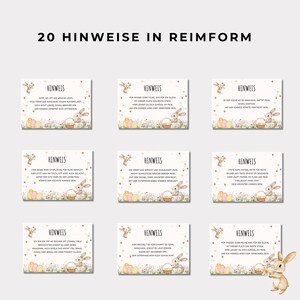 May include: Twenty illustrated cards featuring bunny rabbits and Easter eggs. Each card has a different rhyming clue for an Easter egg hunt. The cards are printed on white cardstock with a light blue background.